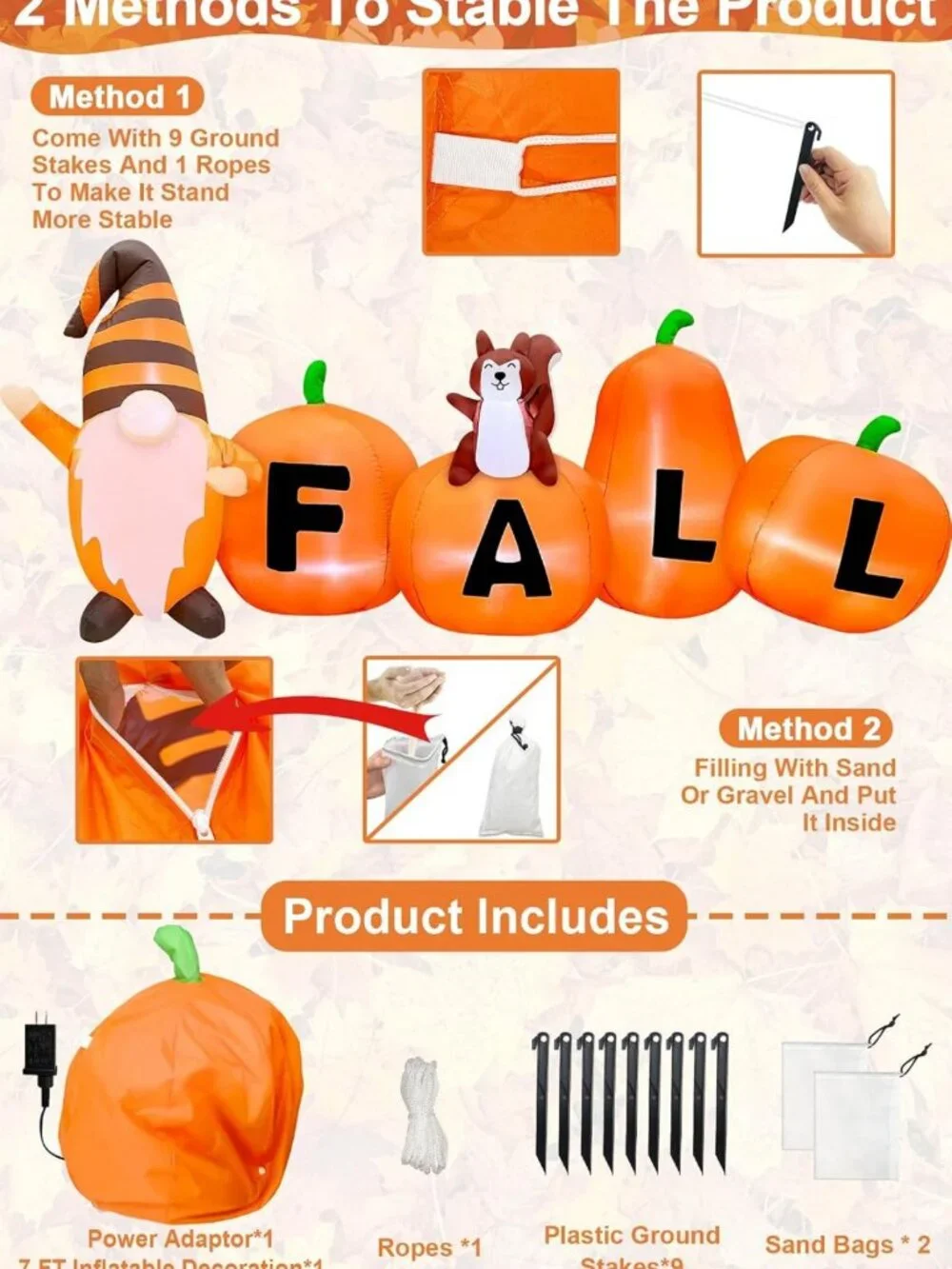 7FT Fall Inflatables Outdoor Decor - Pumpkin, Gnome & Squirrel with LED Lights